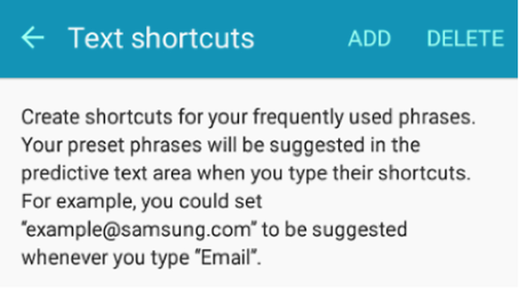 Samsung keyboard > Text shortcuts
