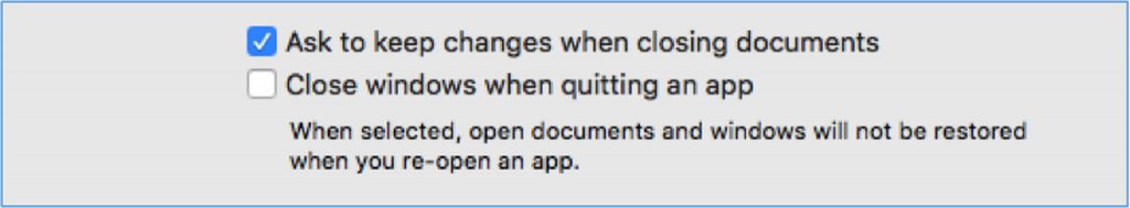 Uncheck Close windows when quitting an app