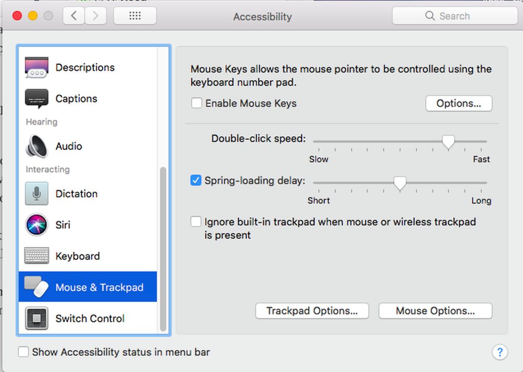 Mac's Accessibility Options > Mouse and Trackpad