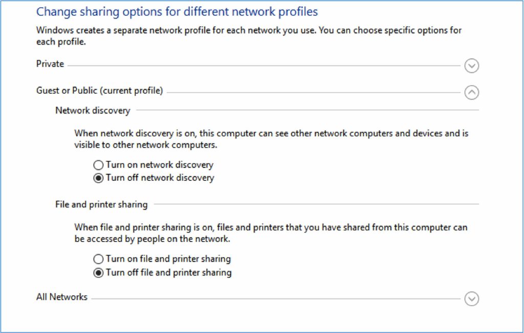 Windows sharing settings