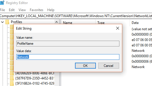 To rename your network, double-click the ProfileName value, type in a new name inside the Value data box, then click OK