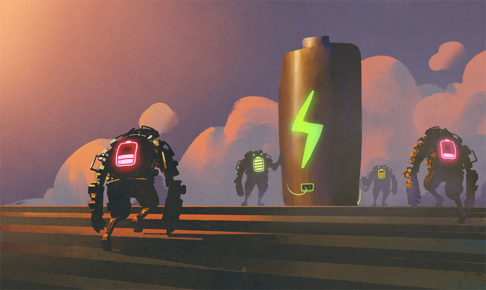 scene of robots with energy status