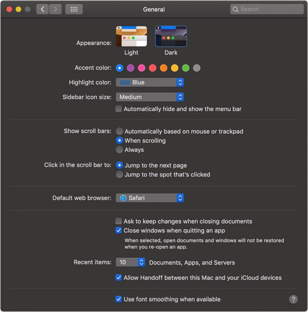 macOS Mojave System Preferences General Dark Mode