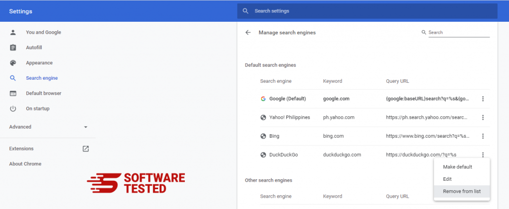 Google Chrome Manage search engines