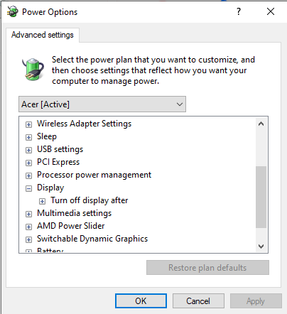 Power Options Advanced Settings