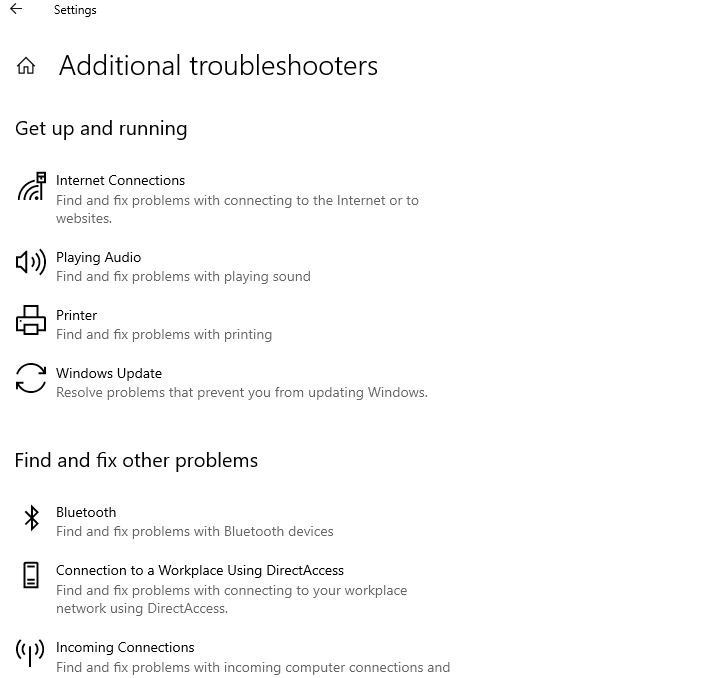 Windows Additional Troubleshooters