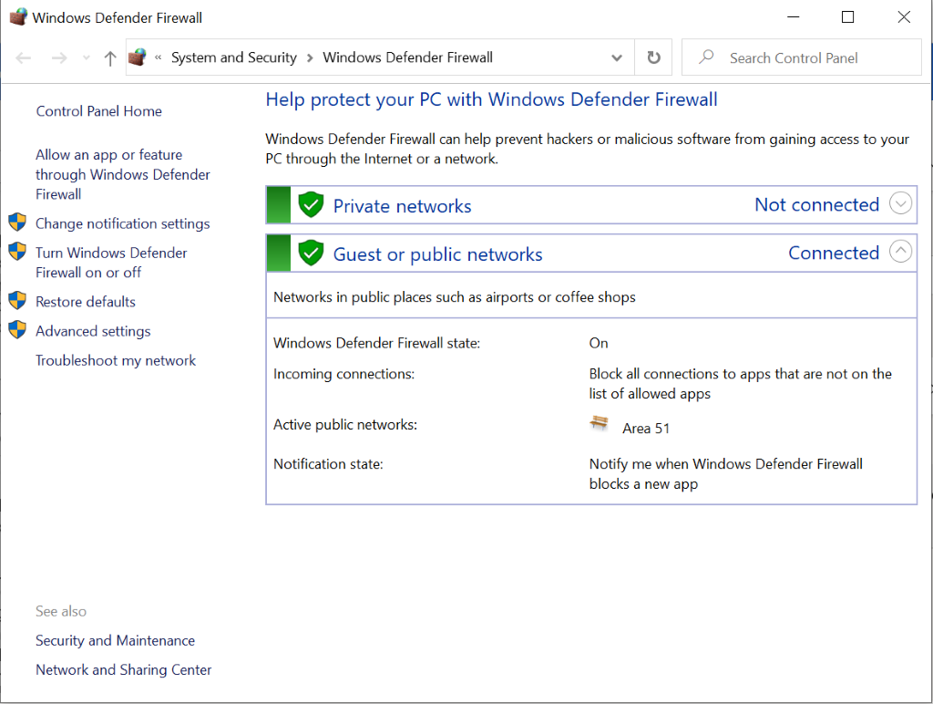 Windows Defender Firewall settings