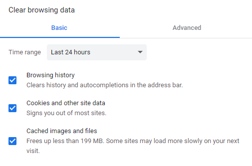Google Chrome Clear browsing data