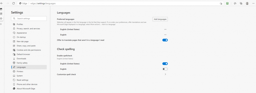 Microsoft Edge Language Settings
