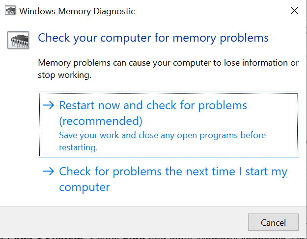 windows memory diag ostoc wont display