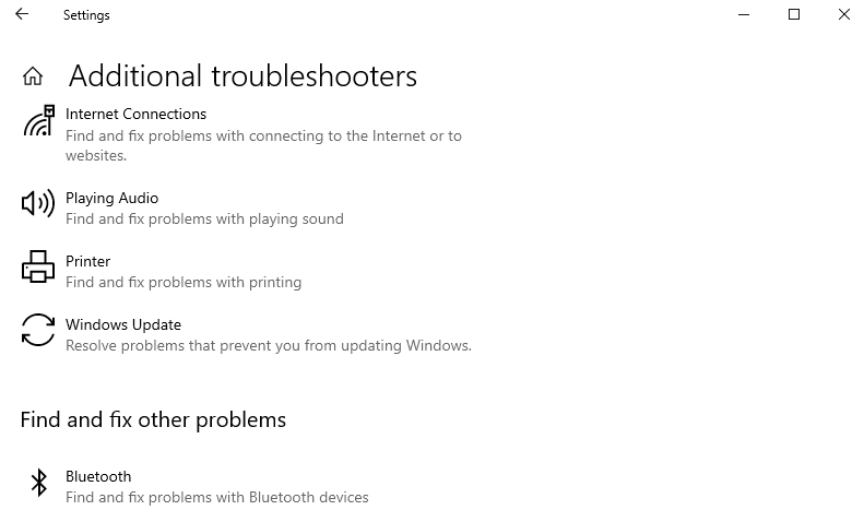 Settings - Additional Troubleshooters