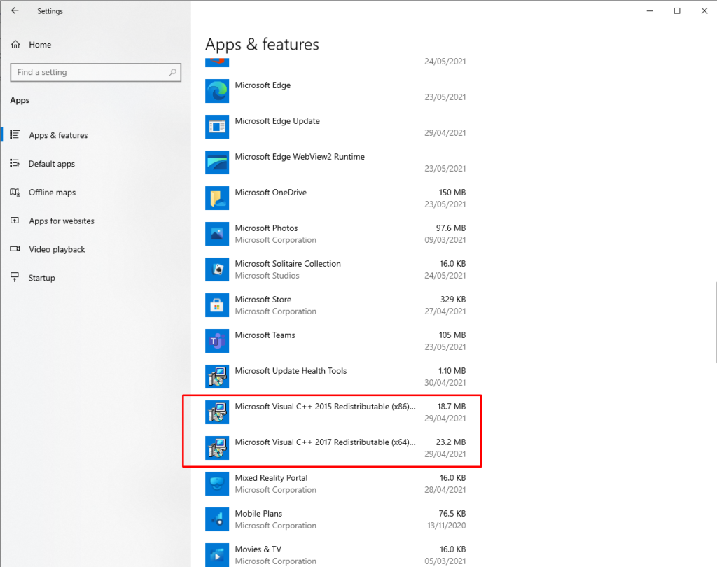 Apps and Features - Microsoft Visual Studio