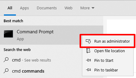 select Run as Administrator to launch Command Prompt with admin privileges