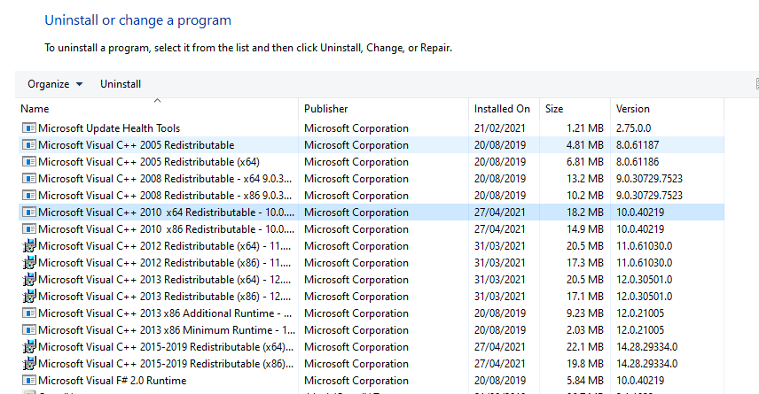 Uninstall Previous Microsoft Visual C++ Redistributable Packages