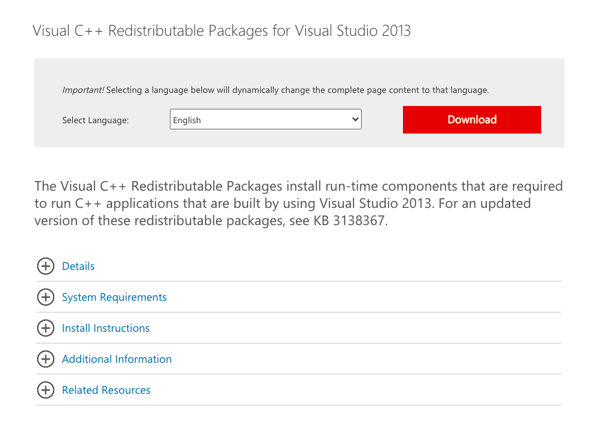 Download the Visual C++ Redistributable Installation Package Again