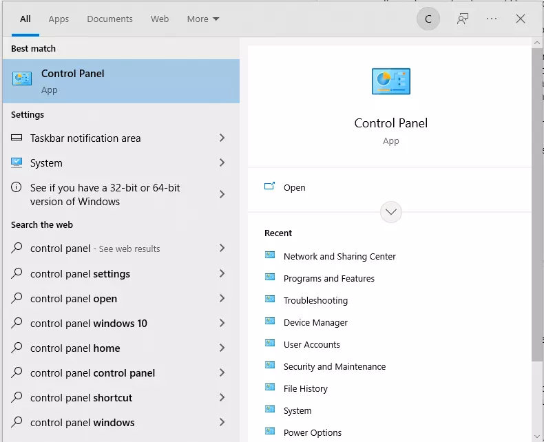 Select and click Control Panel