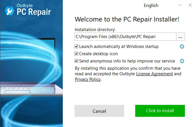 Choose the “Click to install” option to install Outbyte PC Repair 