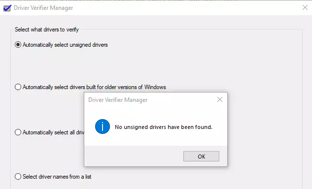 Driver Verifier detects unsigned drivers that are not provided by Microsoft