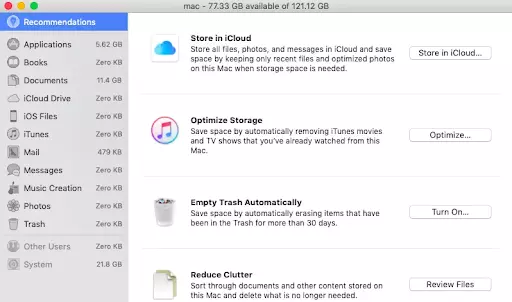 "Store in iCloud" allows you to move all of your data to the cloud and free up some space on your Mac