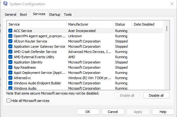 Click Services, and tick the Hide all Microsoft services checkbox