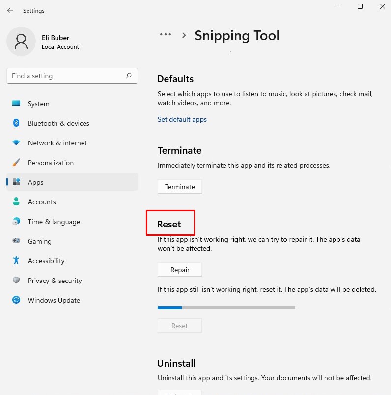 Reset Snipping Tool