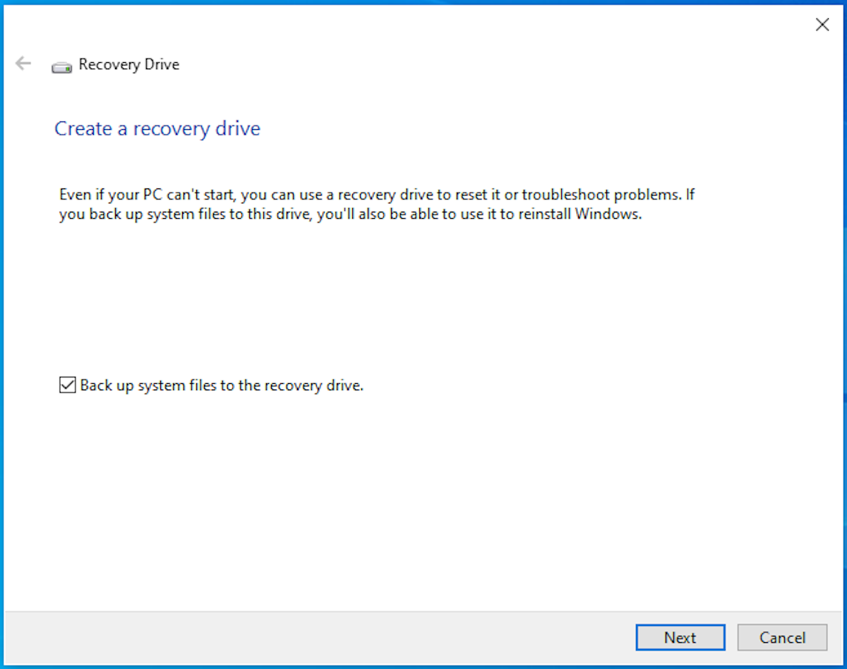 Create Recovery Drive Windows 10