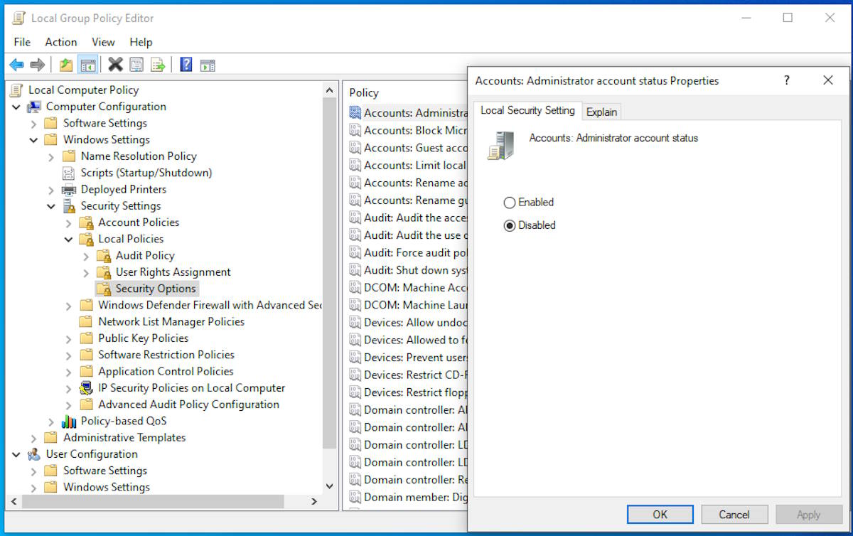 Enabling and disabling Administrator status in Windows 10
