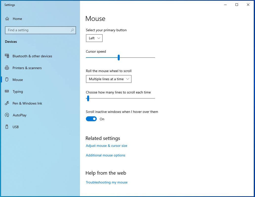 Mouse Settings in Windows 10