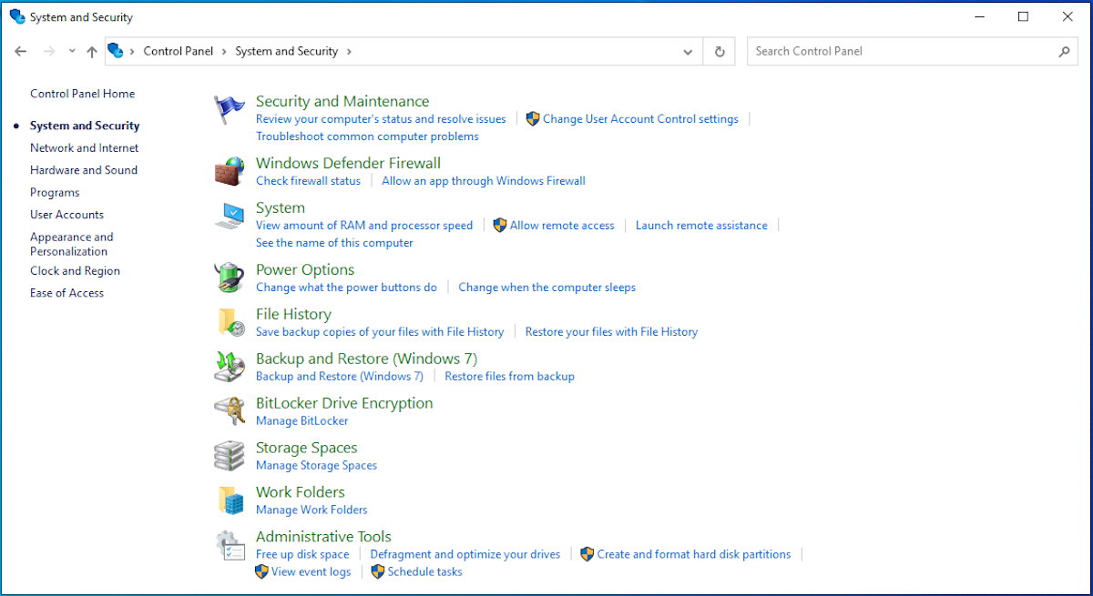 System and Security Windows 10
