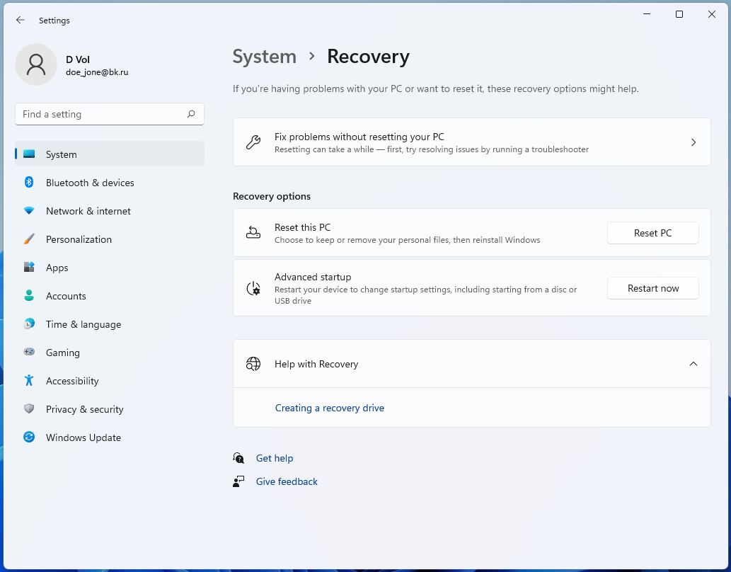 Settings Recovery Windows 11